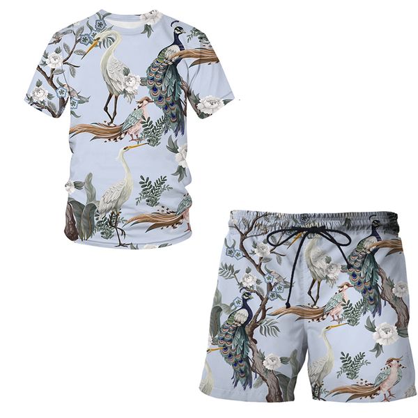 

men's tracksuits flower o neck bird and plant illustration men sets man tracksuit clothing t shirts summer harajuku boys 230206, Gray