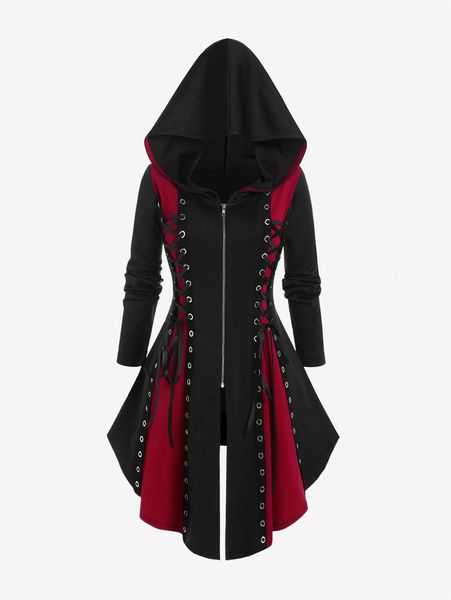 

womens hoodies sweatshirts rose gal gothic hooded lace up grommets colorblock coat long sleeves asymmetrical zipper sweatshirts for women ho, Black