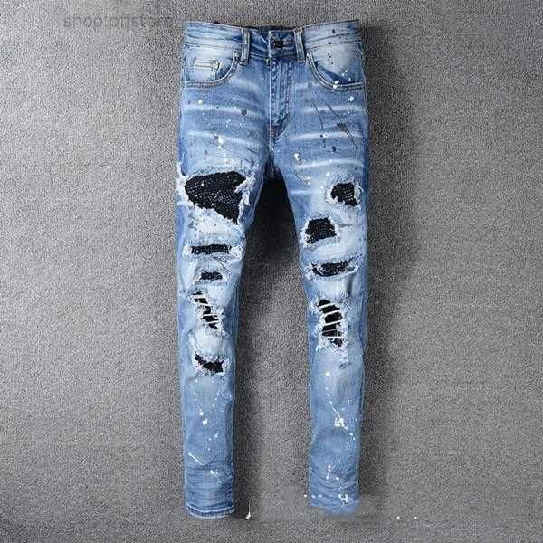 

2021 jeans distressed motorcycle biker jean rock skinny slim ripped hole letter brand hip hop denim pants 21ss 5 srec, Blue