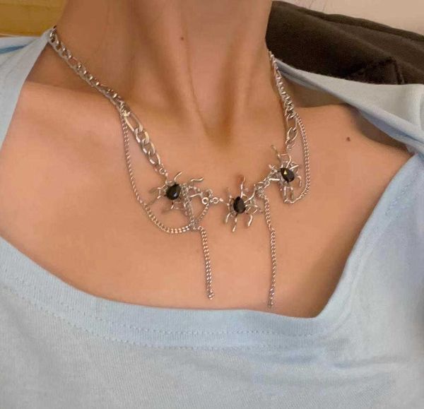 

pendant sweet cool black rhinestone spider necklace chain tassel animal choker necklaces for women girl korean hip hop punk jewelry 0206, Silver