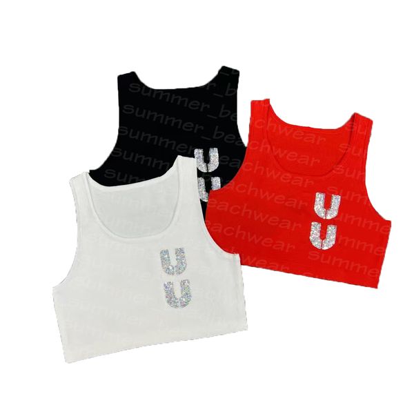 

women short tee u neck knits vest summer fashion crop shiny sequin letter vests, White