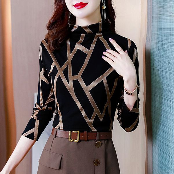 

women's tshirt vintage elegant fashion patchwork striped tshirts spring autumn long sleeve turtleneck skinny basic clothing 230206, White