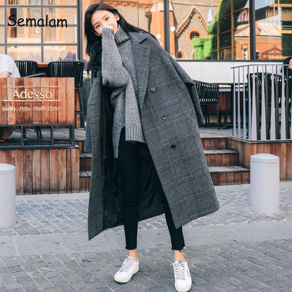

womens knits tees elegant women plaid wool coat korea retro dark gray double breasted long sleeve chic loose outerwear ladies long jacket ov, White