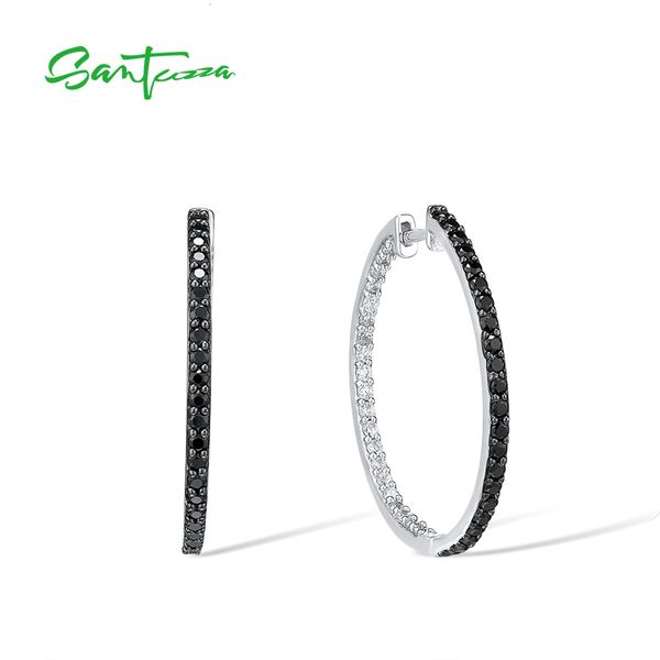 

hoop huggie santuzza 925 sterling silver hoop earrings for women shiny black spinel white cz simple style large circle earrings fine jewelry, Golden;silver