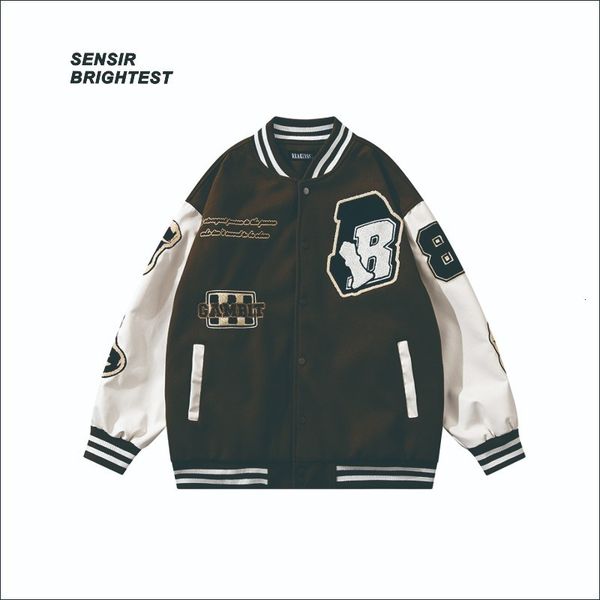 

mens jackets coat hip hop vintage towel embroidered tweed stitched pu leather parkas loose varsity jacket men 230207, Black;brown