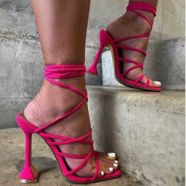 

sandals 2022 summer green orange women sandals fashion crosstied high heels shoes lace up party pumps shoes woman size 3542 j230222, Black