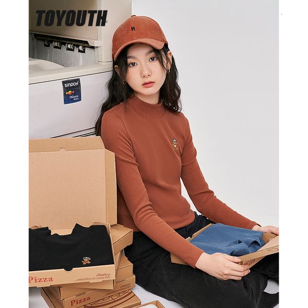 

women's t-shirt toyouth women bottoming t-shirts winter long sleeve half turtleneck slim fit stretch tees embroidery basic all match 2, White