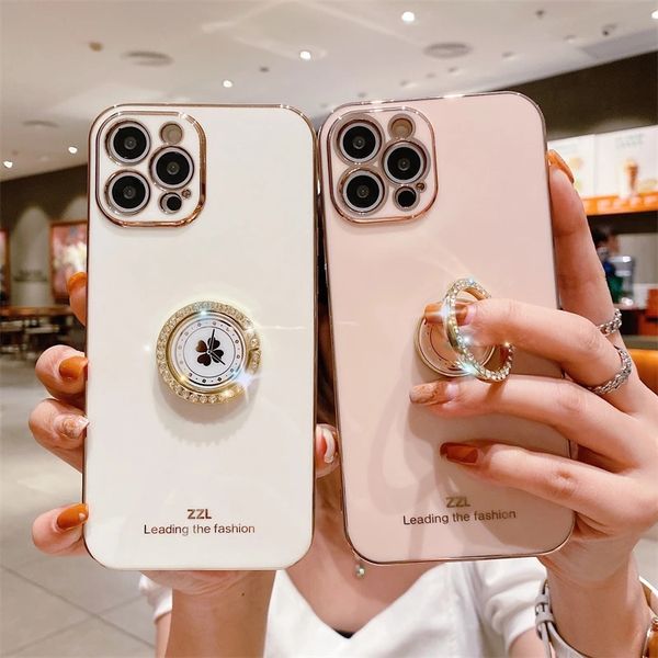 

clover diamond plating ring holder stand soft case for iphone 14 pro 13 12 11 pro max xs xr x 6 6s 7 8 plus 12 mini se 20 cover