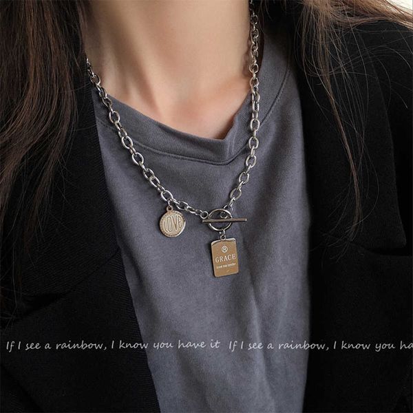 

necklaces harajuku fashion coin heart pendant choker necklace hip hop chain punk stainless steel jewellery for women girl 0206, Silver