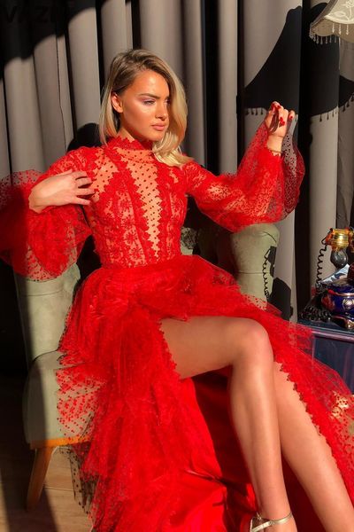 

casual dresses vazn formal elegant red color lace hollow out aline night party chic ladies slim full sleeve lady maxi 230207, Black;gray