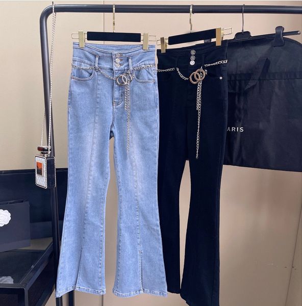 

2023 women's belt jeans street wear ruffles patchwork wide leg pants women high waist washed light blue denim pants