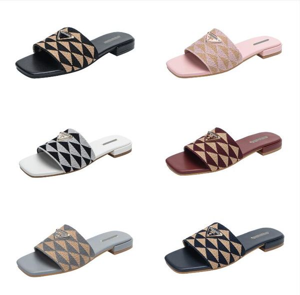 

designers embroidery knit triangle slippers women sandals fashion slip on flat slides low heels flip flops 2023 summer shoes pool beach shoe, Black