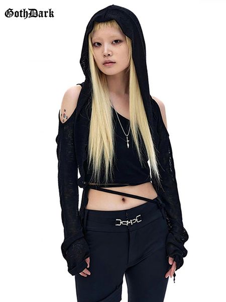 

women's tshirt goth dark y2k punk gothic cut out women crop grunge hooded casual long sleeve tshirts irregular hem fashion streetwear, White