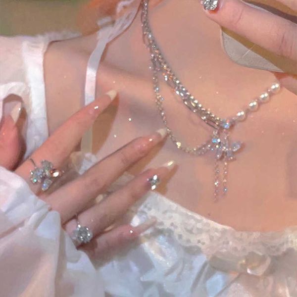

necklaces sweet cool y2k accessories crystal butterfly chain tassel pendant necklace harajuku shiny zircon pearl choker for women wedding 02, Silver