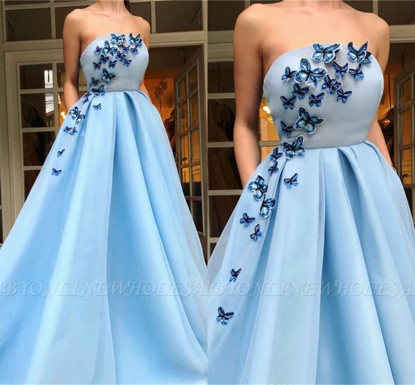 

fairy light sky blue evening dresses with pockets a line strapless prom gowns with butterfly handmade flowers formal occasion party gowns bc, Black;red
