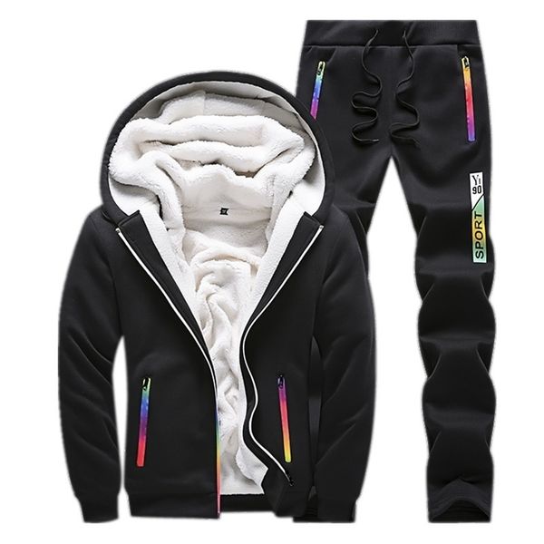 

men's tracksuits winter tracksuits men set casual thicken fleece warm hooded jacket pants spring sweatshirt sportswear coats hoodie tra, Gray