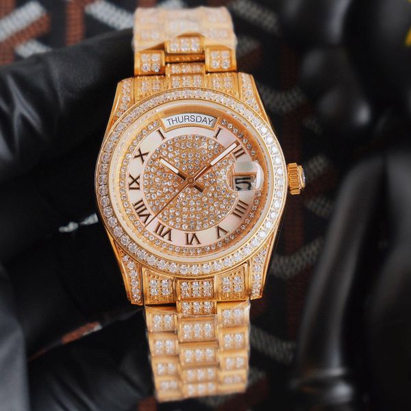 

luxury diamond watch roles diamonds mens double calendar 40mm mechanical watches stainless steel men waterproof design, Slivery;golden