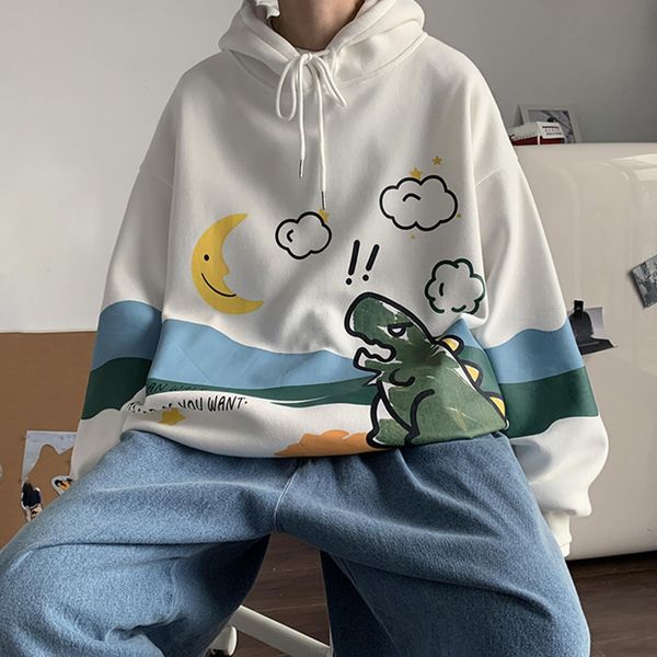 

men's hoodies sweatshirts men winter cartoon dinosaur print pullover long sleeve sweatshirt loose hoodie 230105, Black