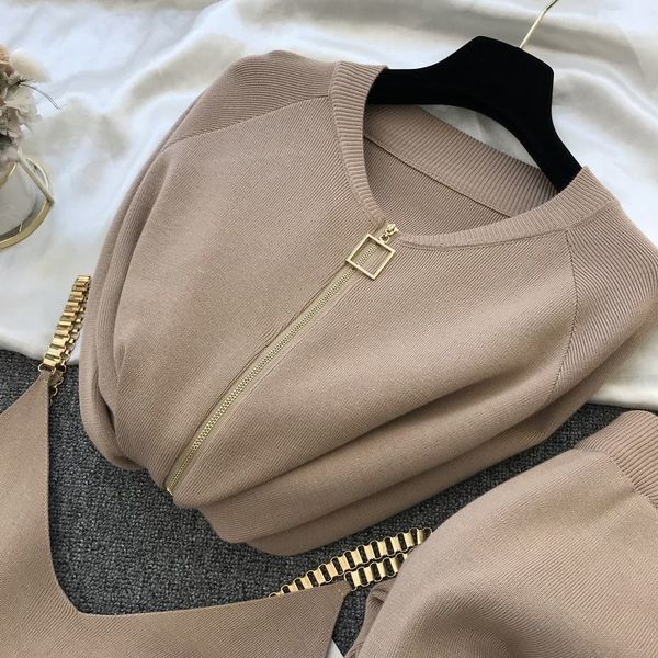 

women's two piece pants woman autumn winter knitted zipper cardigans camisole pants 3pcs fashion suit women tracksuit clothes set 23020, White