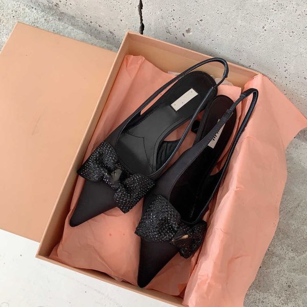 

sandals brand high-heeled shoes women's thin back strap flash diamond bow french pointed rhinestone women, Black