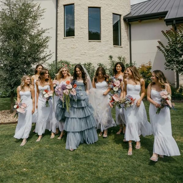 

modest dusty blue white ivory a line wedding dresses bridal gowns back zipper custom made ruffles layers wedding gowns