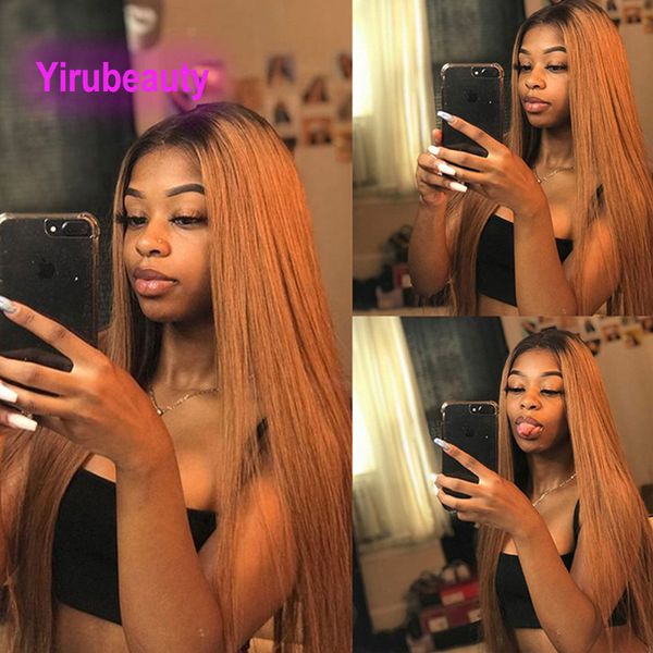 

brazilian malaysian virgin human hair 1b 27 ombre color silky straight 13x4 lace front wig 150% 180% 210% density 10-32inch, Black;brown