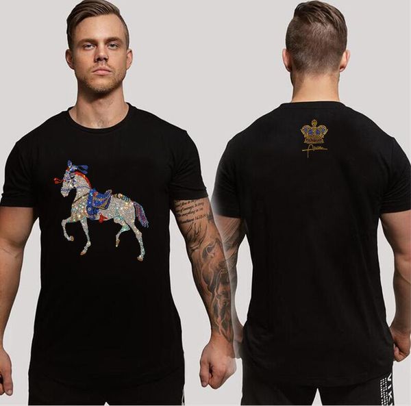 

men's designer rhinestone t shirt casual fashion handsome pullover summer streetwear male clothes, White;black
