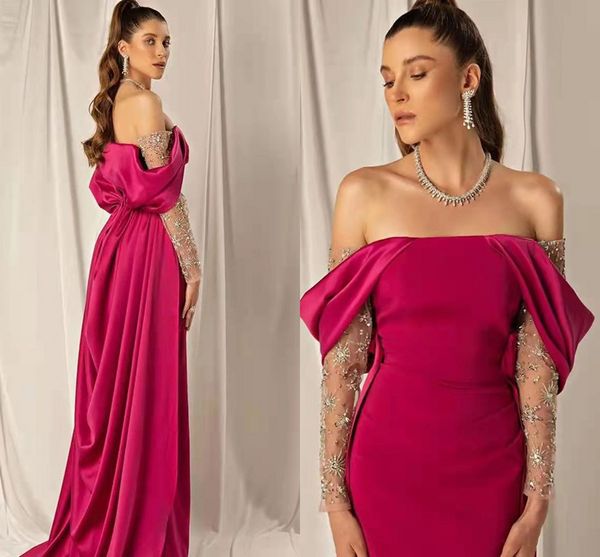 

elegant off shoulder fuchsia evening party dress women arabic beaded crystal long sleeve formal prom gowns vestidos feast 2023, Black;red