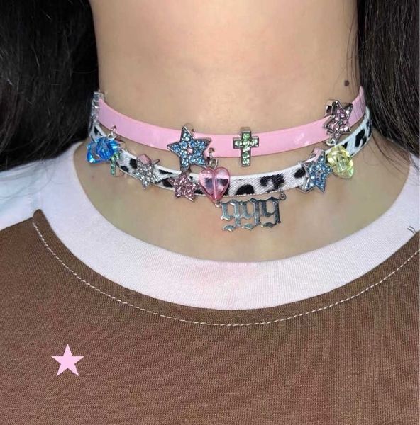 

pendant pink y2k jewelry shiny rhinestone star cross heart necklace harajuku leather chocker necklaces for women girls party accessories 020, Silver