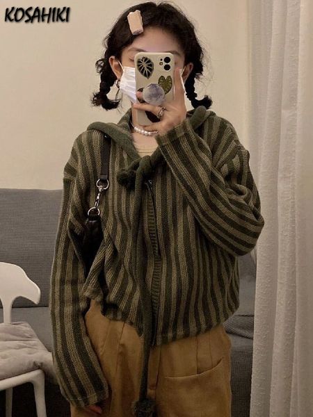 

women's knits tees 2023 spring autumn korean hooded loose harajuku sweater striped zipper cardigan knitted fashion gothic y2k jumper 2, White