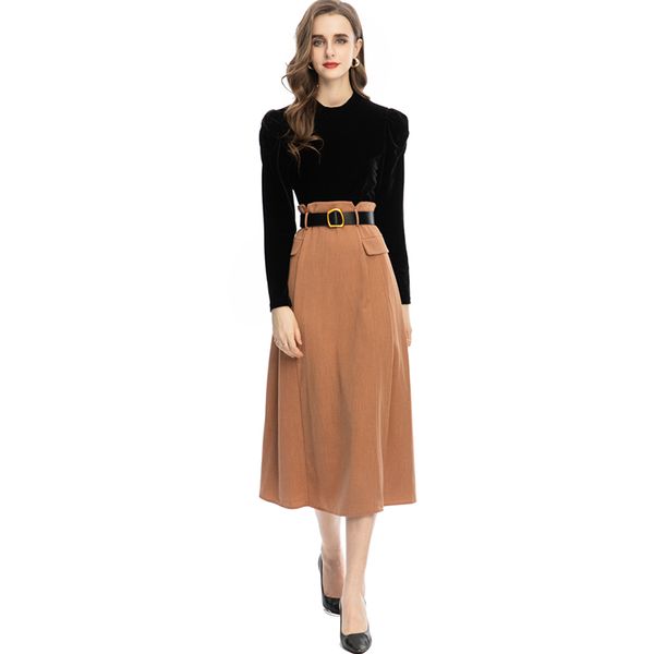 

women's runway dresses o neck long sleeves patchwork color block high street fashion designer vestidos, Black