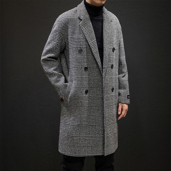 

men's wool blends yasuguoji casual double breasted mens wool overcoat winter houndstooth jacket men turn-down collar long woollen wind, Black