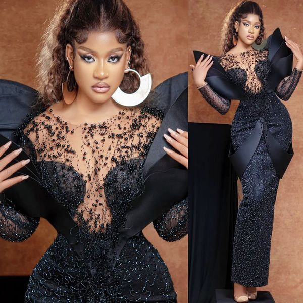 

2023 arabic aso ebi sheath black prom dresses pearls beaded evening formal party second reception birthday engagement gowns dress zj664