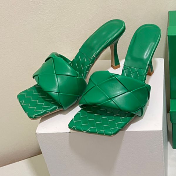 

womens stiletto casual pure leather slippers classic grid square head fingerless sandals star the same style beach shoes non-slip shoes vint, Black