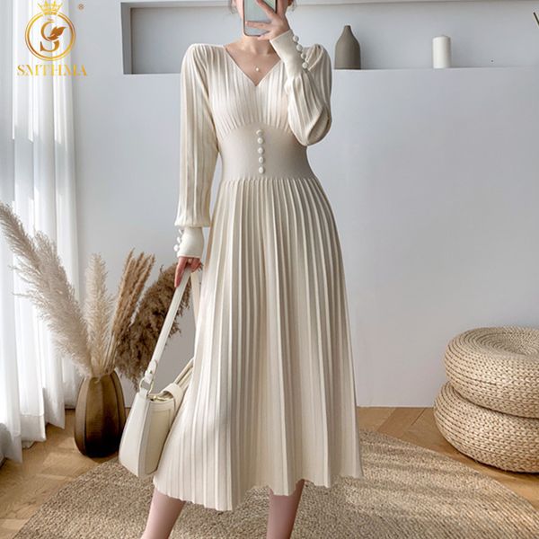 

casual dresses hma autumn winter knit long dress women vneck slim sweater robe office lady clothing 230207, Black;gray