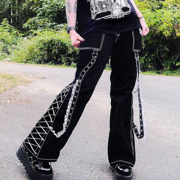 

women's jeans gothic bandage women leg pants dark college style casual trousers fashion streetwear punk baggy middle ages 230206, Blue