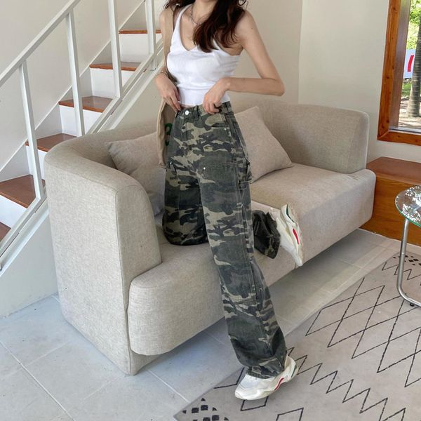 

women's jeans streetwear camouflage woman high waist trend trousers korean fashion cargo pants armygreen y2k straight baggy 230206, Blue