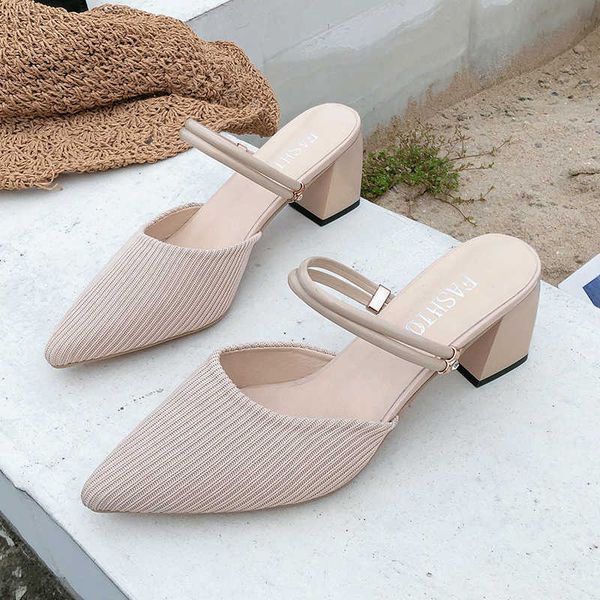 

sandals lazyseal 5cm high heels summer slides women slippers for ladies pointed toe stretch fabric mules shoes woman sandals footwear j23020, Black