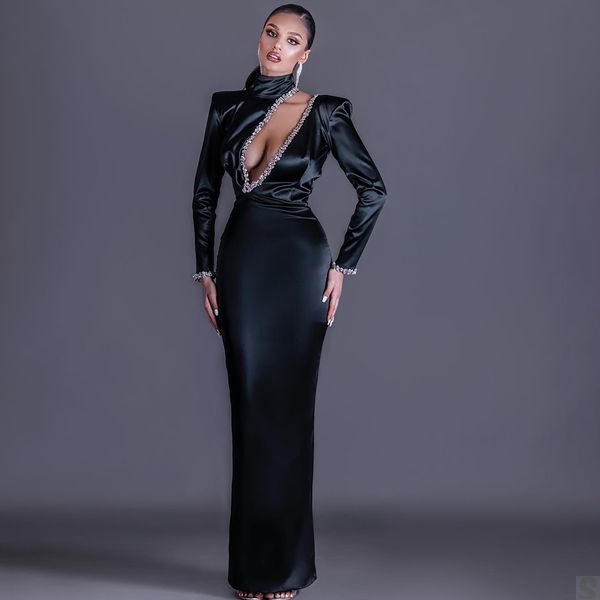 

black mermaid evening dress satin high neck crystal beads long sleeve party dresses sweep train prom gowns, Black;red