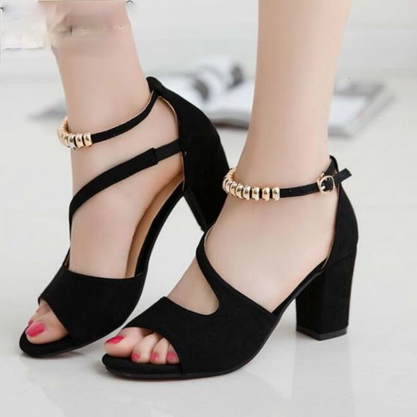 

sandals fashion fish mouth hollow roman sandals thick with beaded high heels female summer female sandals 230206, Black