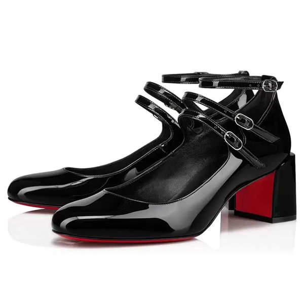 

fashion women red botto summer pumps sandals vernica 55 mm round head coarse heel double ankle strap patent leather design paris lady party, Black