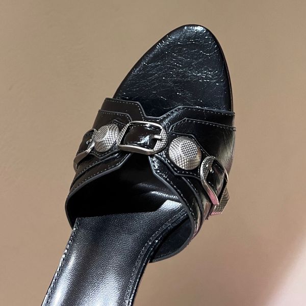 

cagole lambskin leather mules sandals stud buckle embellished shoes rounded slip on open toes stiletto heel women's luxury designers sh, Black