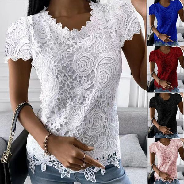 

women's tshirt chic summer elegant lace splicing shirt women fashion round neck solid color short sleeve slim party pullover ol tshirt, White