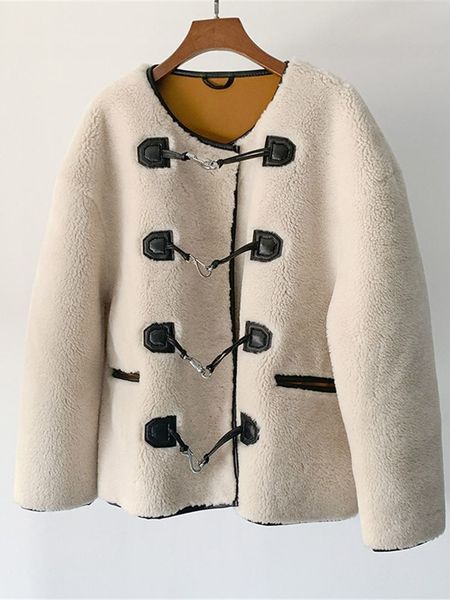 

women's jackets women o-neck faux fur coat ladies loose long sleeve metal buttons outwear female jacket 230206, Black;brown