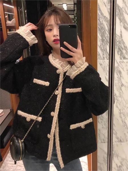 

womens jackets hstar elegant slim short autumn caot women korean style lace pathchwork tweed jackets court style knitted cardigan outwear 23, Black;brown