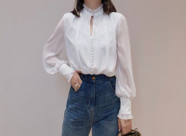 

women's blouses & shirts luxury design long sleeved ruffled design, White