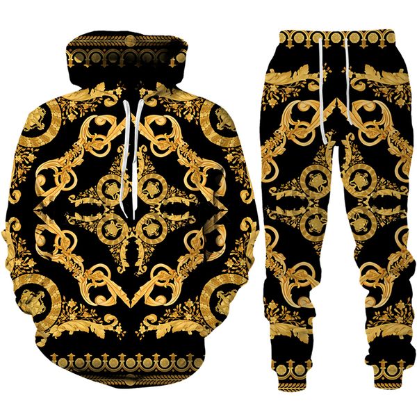 

men's tracksuits baroque style 3d printed crown golden chain hoodie/pants/suit casual men's pullover sweatshirt trousers sportswea, Gray