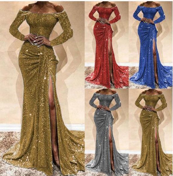 

casual dresses girls boat neck off shoulder sequined evening gowns side split mermaid dress long 230207, Black;gray