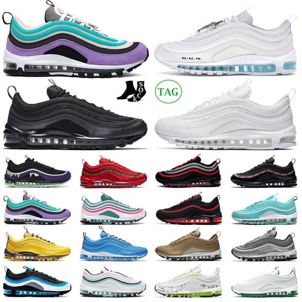 

2022 new men woman running shoes 97 mens cushion trainers halloween light blue red leopard reflective 97s bred south beach sports sneakers 3, Black