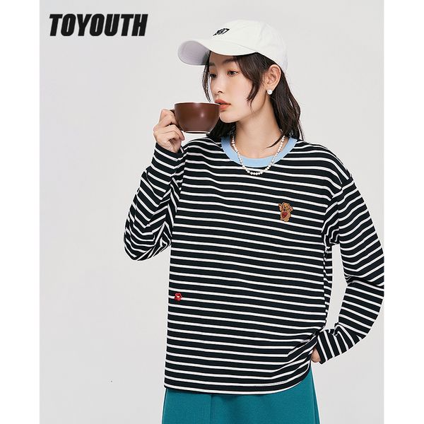 

women's t-shirt toyouth women tees autumn long sleeve o neck loose stripe t-shirt 3d embroidery drop shoulder casual streetwear 230206, White
